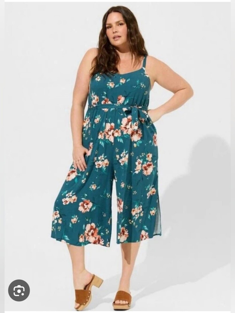Euc Torrid Teal Floral Sleeveless Cropped Jumpsuit with Tie Waist